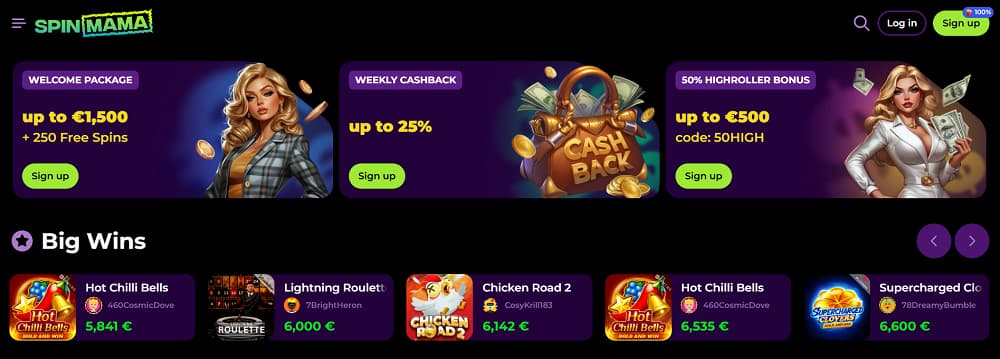 Ein dynamisches Online-Casino-Banner von Spinmama Casino mit einem Willkommensangebot von bis zu 1.500 € und 250 Freispielen, wöchentlichem Cashback von bis zu 25 % und einem Highroller-Bonus sowie einem „Big Wins“-Bereich mit aktuellen Großgewinnen bei beliebten Spielen.